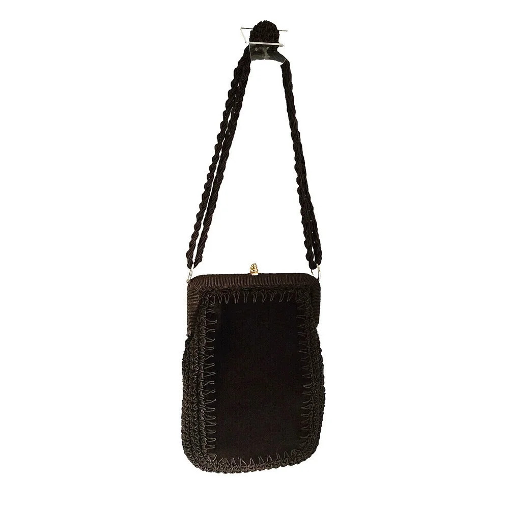 VINTAGE BAG Made in Italy BROWN VELVET & Brown Crochet Evening BAG PURSE